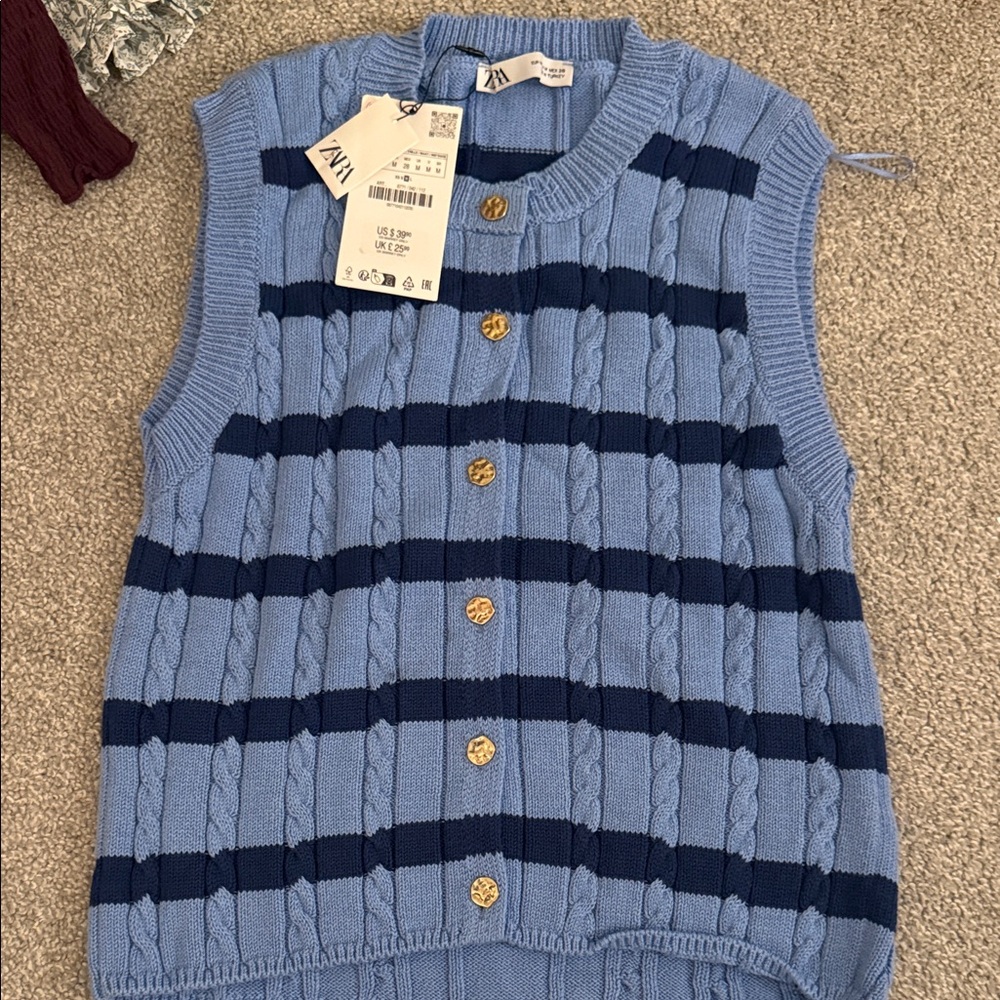 Zara Light Blue Cable Knit Vest with Navy Stripes